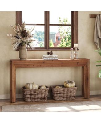 Solid Wood Console Table for Living Room, 63" Farmhouse Entryway Table with Integrated Splayed Legs, Brown