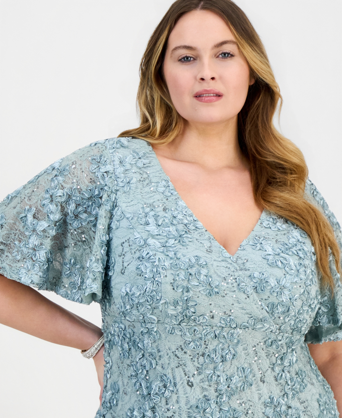 Alex Evenings Plus Lace V-Neck Flutter-Sleeve Gown