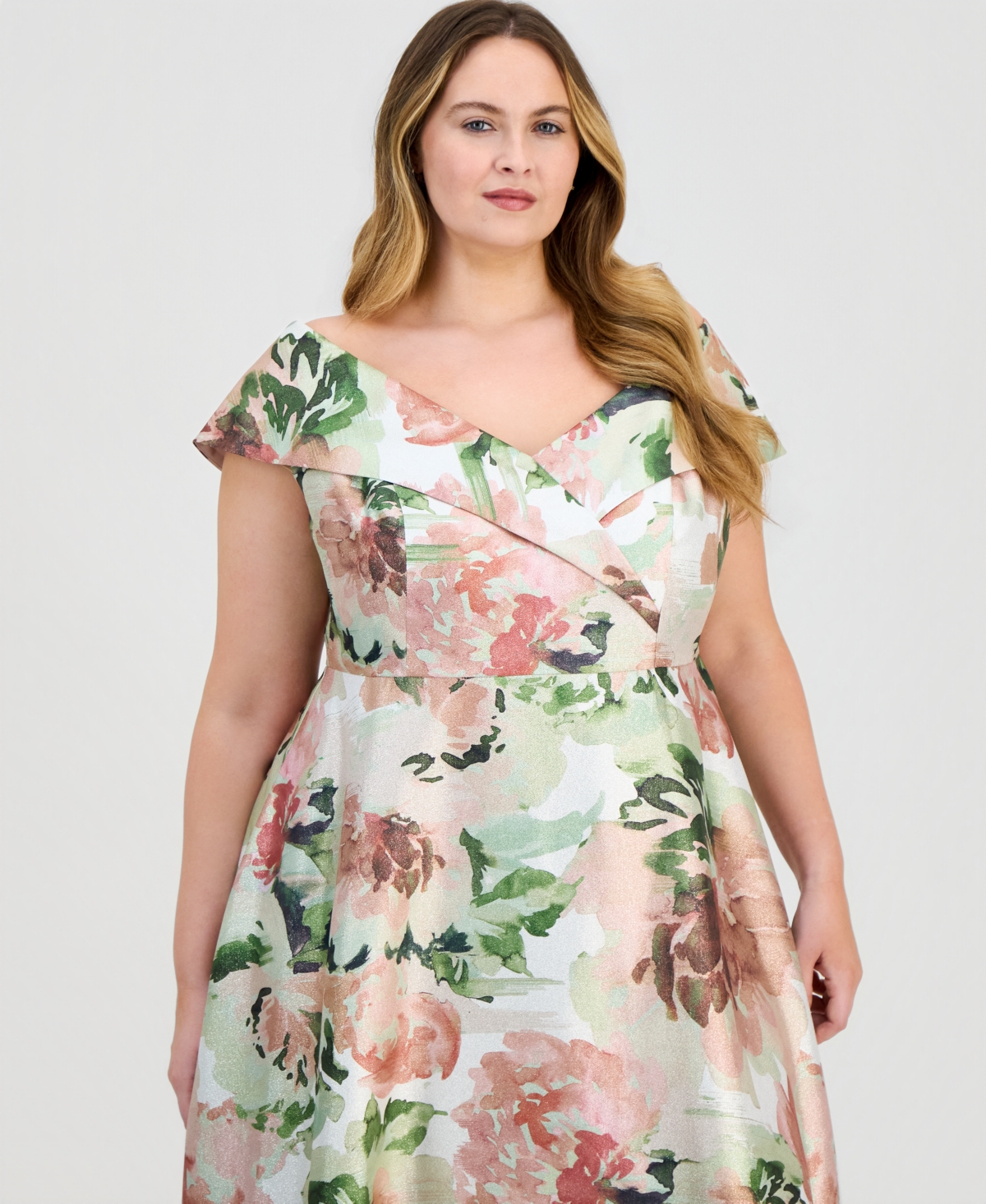 Alex Evenings Plus Printed Off-The-Shoulder Gown