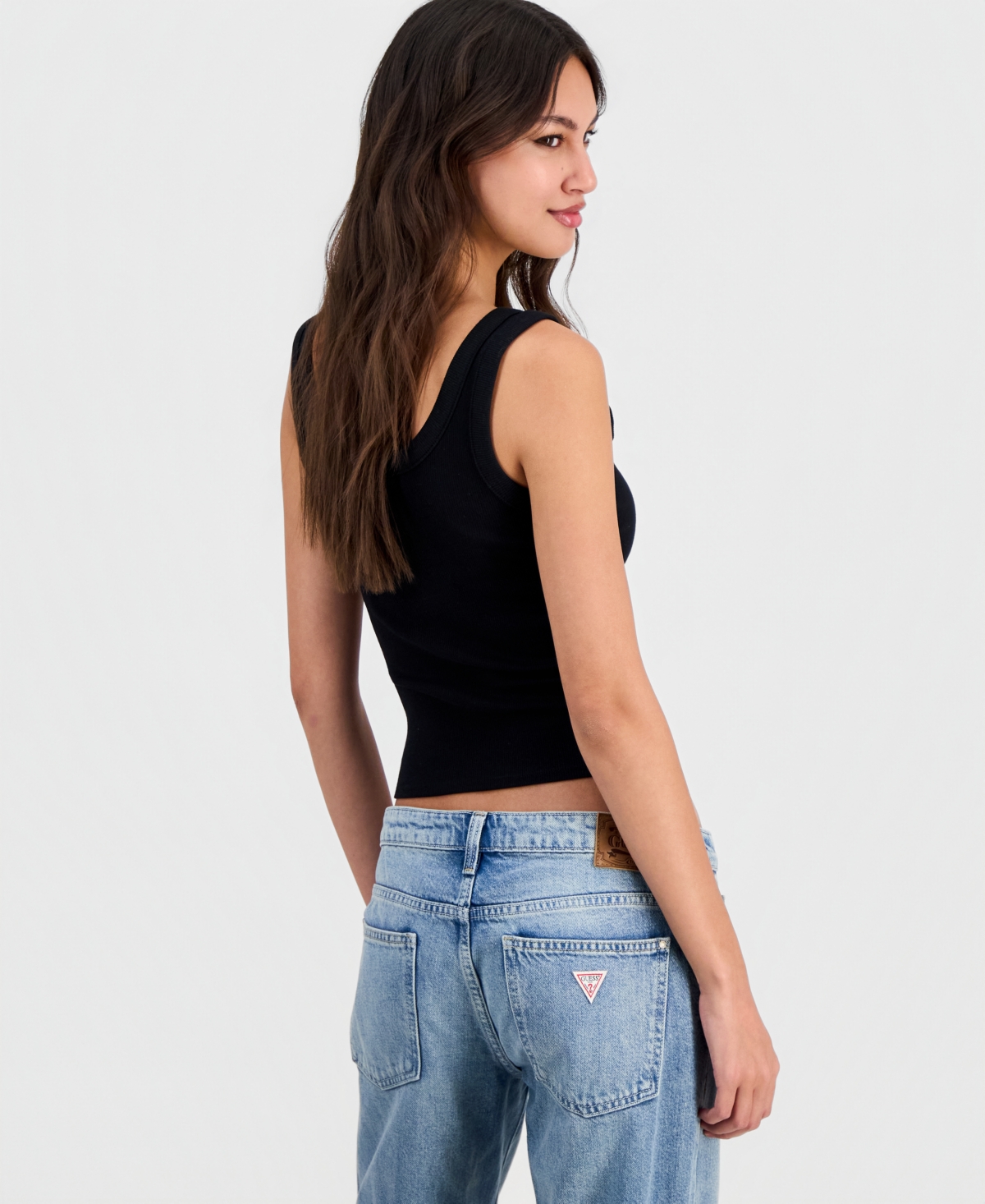 Guess Women's Crystal Logo Ribbed Cropped Tank Top