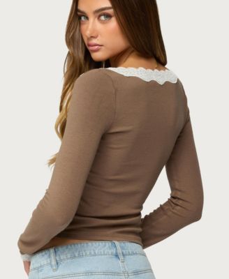Women's Contrast Lacey Long Sleeve Top
