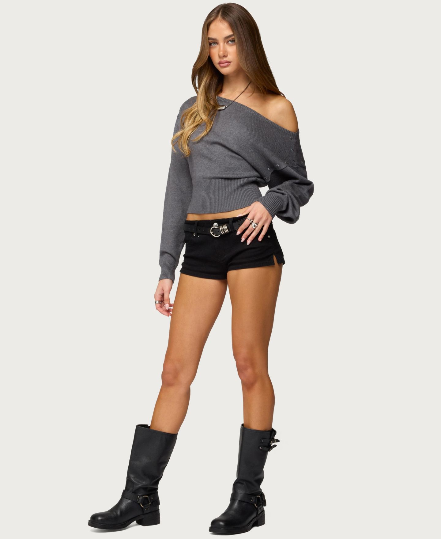 Женский свитер Edikted Doro Studded Off Shoulder, цвет: Тёмный серый — фото 3