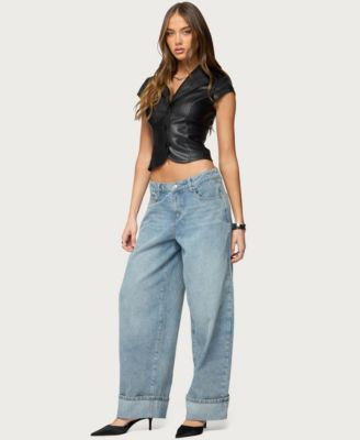 Womens Faux Leather Tailored Button Up Top