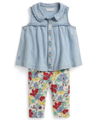 Baby Girls' Chambray Collared Top and Floral Leggings, 2-Piece Set