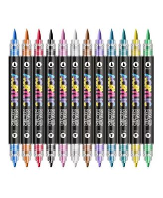 12 Colors Soft and Hard Double-Headed Straight Liquid Acrylic Pen, Student DIY Graffiti Pen for Rock Painting, Wood, Ceramic and DIY Crafts