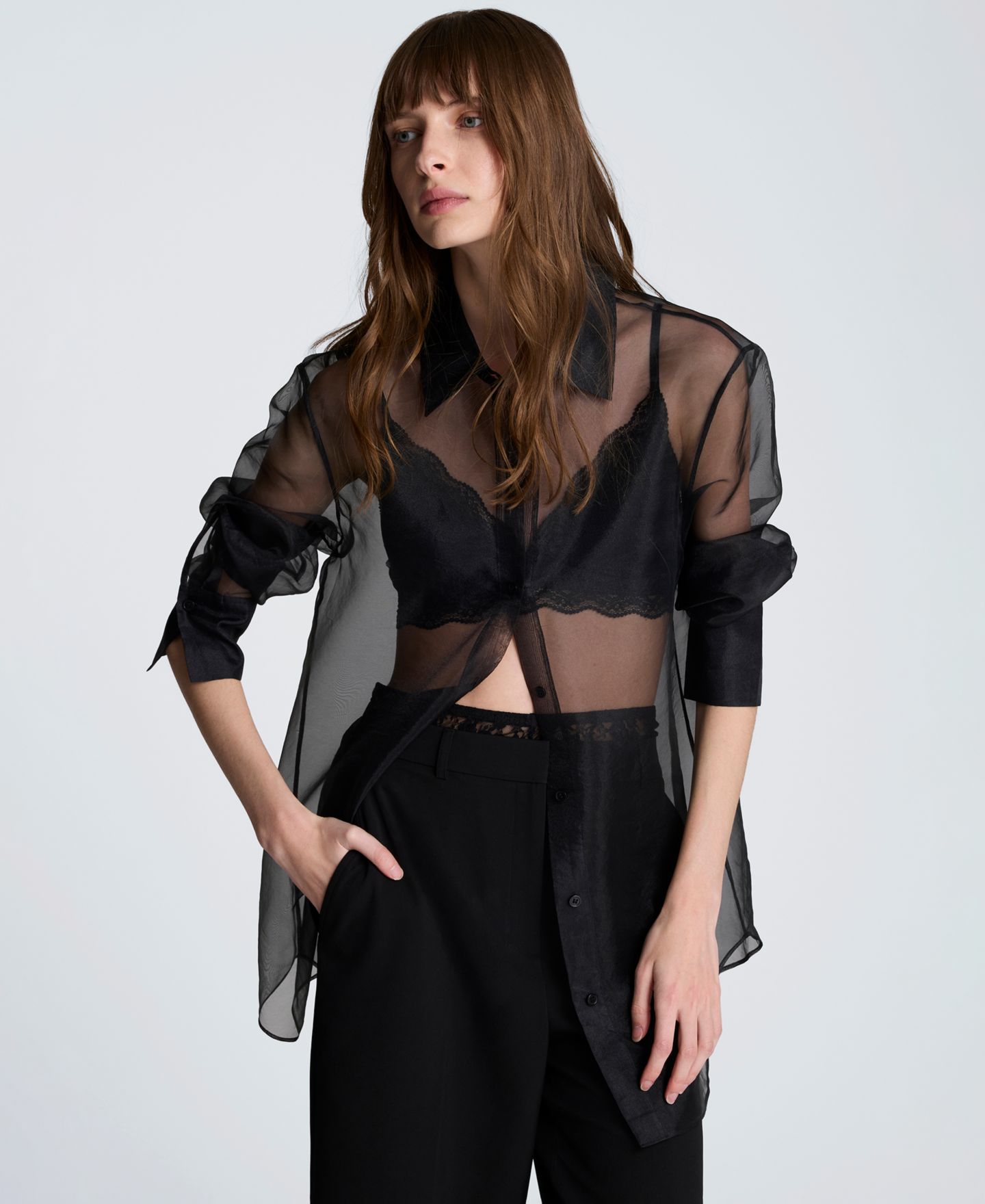Женская рубашка Kenneth Cole Oversized Sheer Collared Tunic, цвет: Чёрный — фото 1