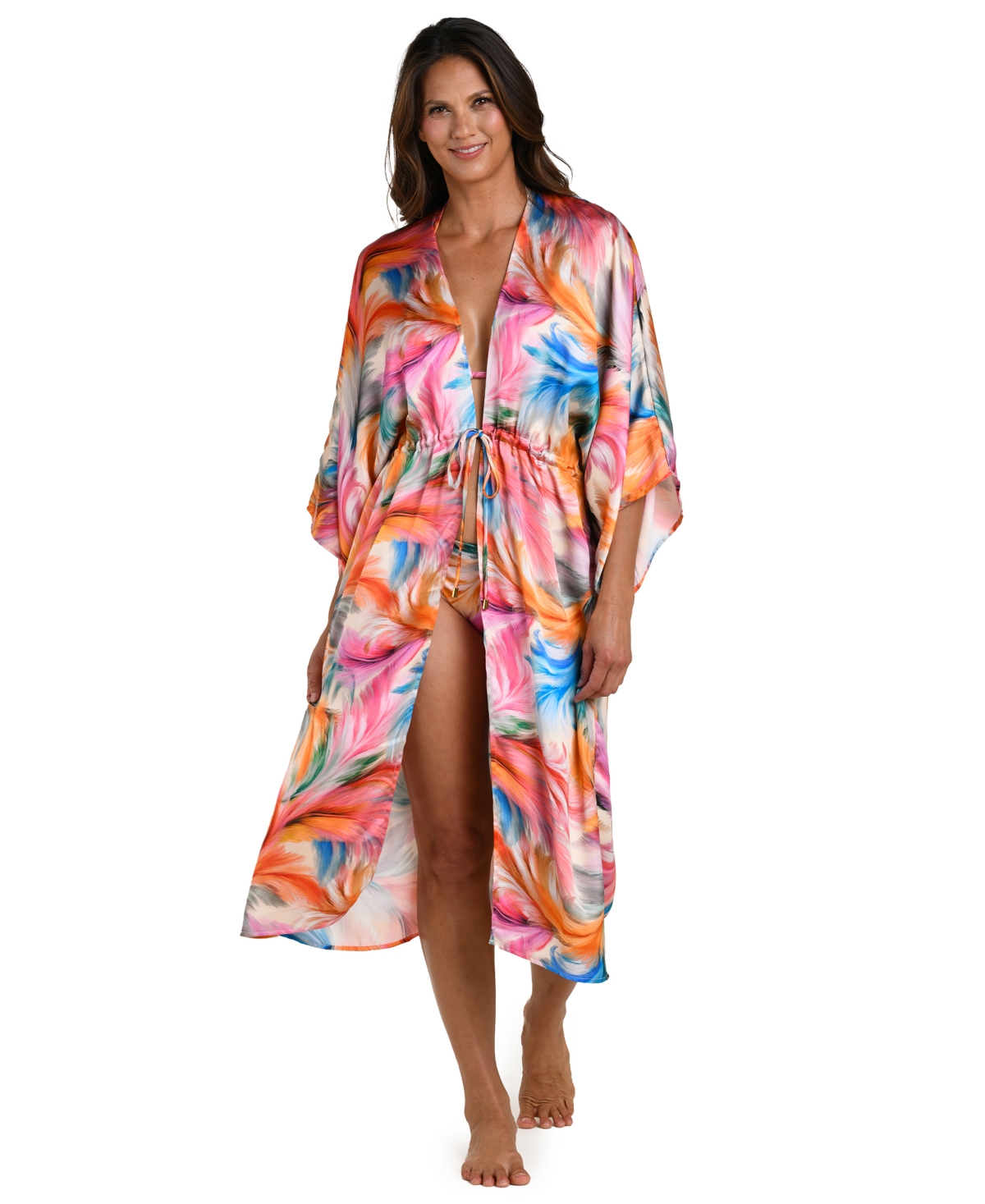 La Blanca Women's Feathered Impressions Front Tie Cover-Up Kimono Swim Dress