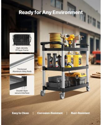 3-Tier Utility Cart, 500-Lb Capacity, 31.1" x 19.3", Plastic Service Cart w/ Swivel Wheels & Brakes