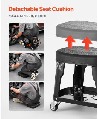 Mechanic Stool, 300lb, Swivel Seat w/ Wheels, Tool Tray & Rack, Black