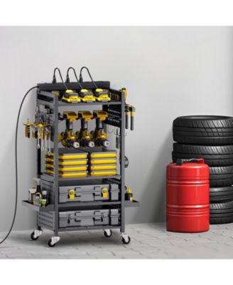 5-Tier Tool Organizer Cart w/ Charging Station, 8 AC Outlets, Rolling Drill Holder & Battery Storage