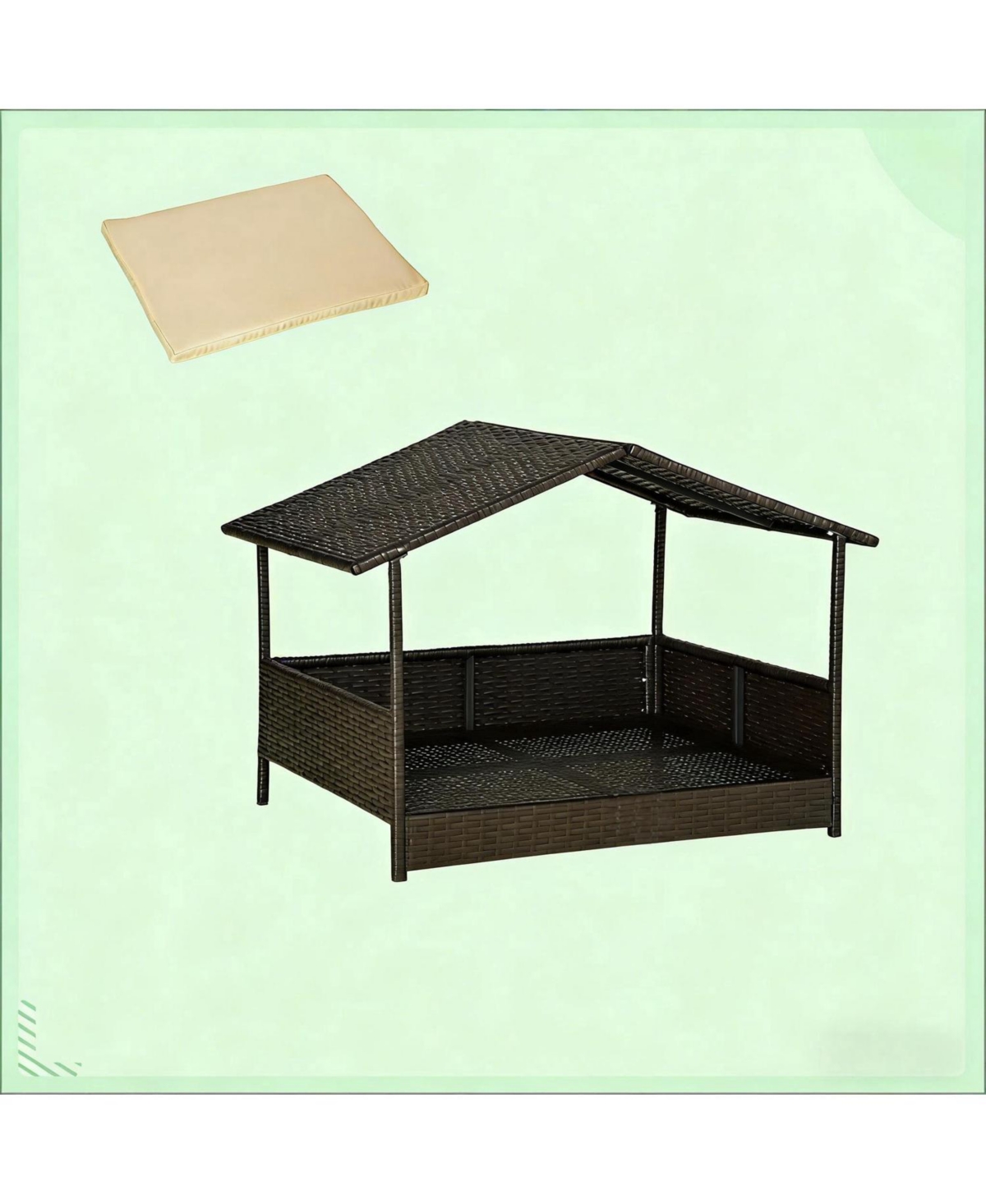 Aostirmotor Rattan Dog House with Cream White Cushion for Outdoor in Dark Coffee