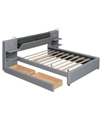 Queen Size Upholstered Platform Bed with Reading Lights and Storage Solutions