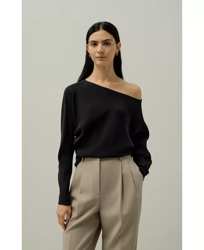 Women's Long Sleeve Gathered Silk Top - thumbnail 9