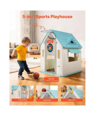 Outdoor Playhouse, 5-In-1 Cottage Play House with Pretend Play, Basketball, Darts, Soccer, Ring Toss