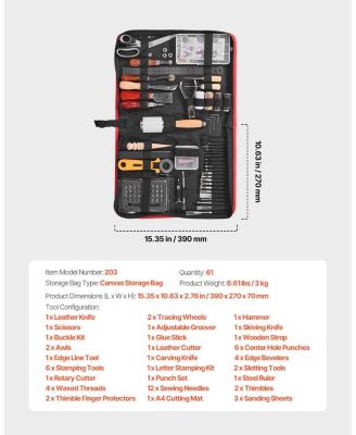 Leather Working Tools Kit, 61-Piece Leather Craft Set w/ Canvas Storage Bag, Punching, Sewing, Stamping & Sanding