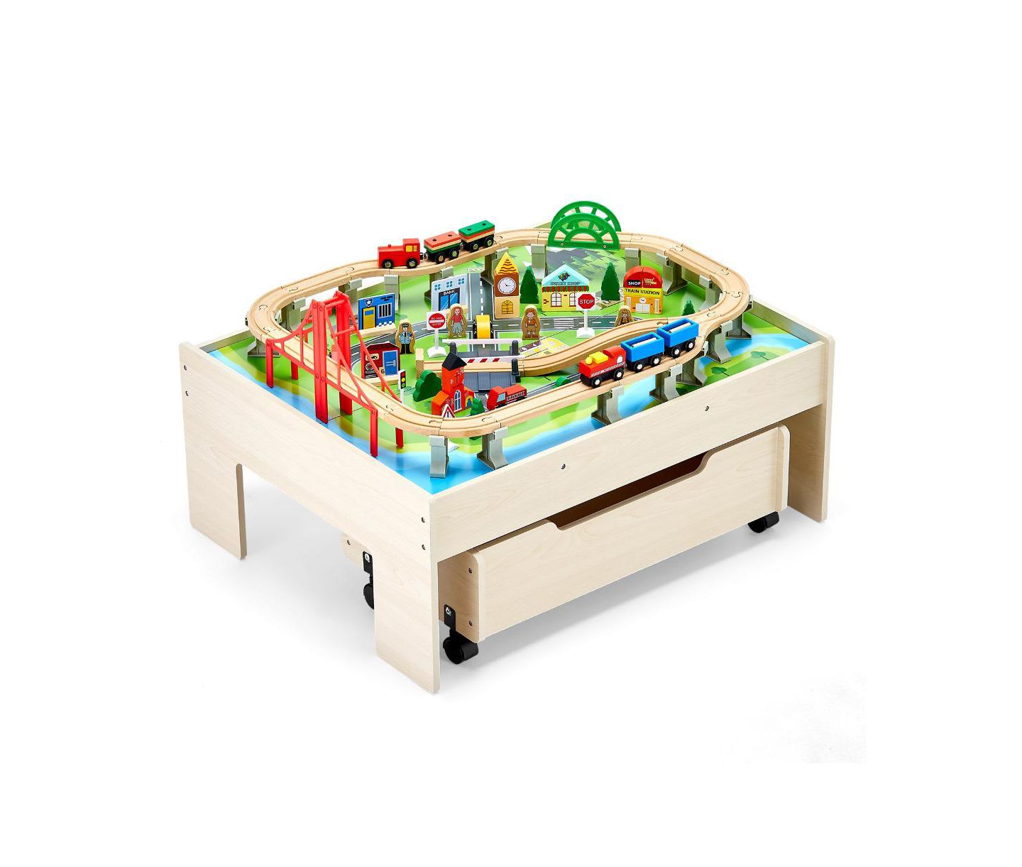 Детский конструктор Slickblue Wooden Train Table 100-Piece Building Set, Ages 3+, цвет: Натуральный — фото 1