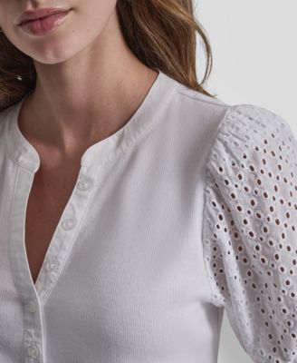 Petite Rib Body Eyelet V-Neck Top