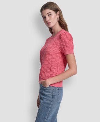 Petite Short-Sleeve Lace Pointelle Stitch Sweater