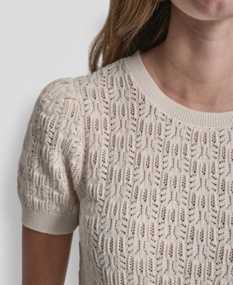 Petite Short-Sleeve Lace Pointelle Stitch Sweater