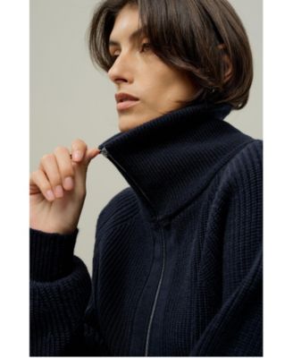 Women's Ribbed-knit Turtleneck Zip Cardigan