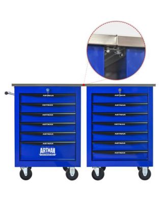 7 Drawers Multifunctional Tool Cart with Wheels Metal Rolling Tool Cart Storage with Stainless Steel Roof Black Blue