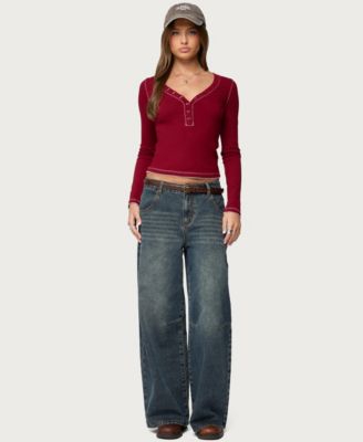 Women's Yael Contrast Stitch Henley Top