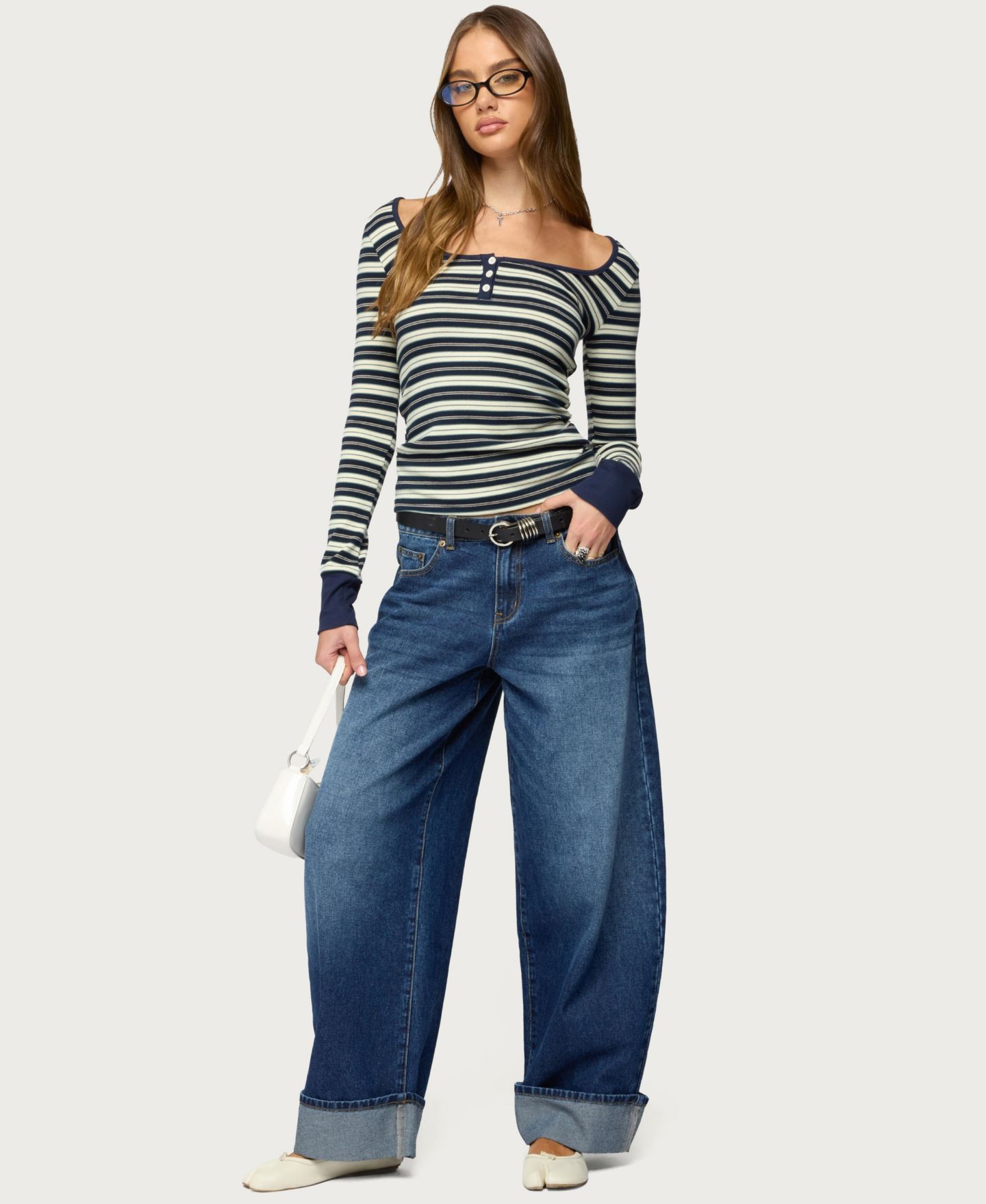 Женский топ Edikted Jaida Striped Henley, цвет: Синий — фото 5