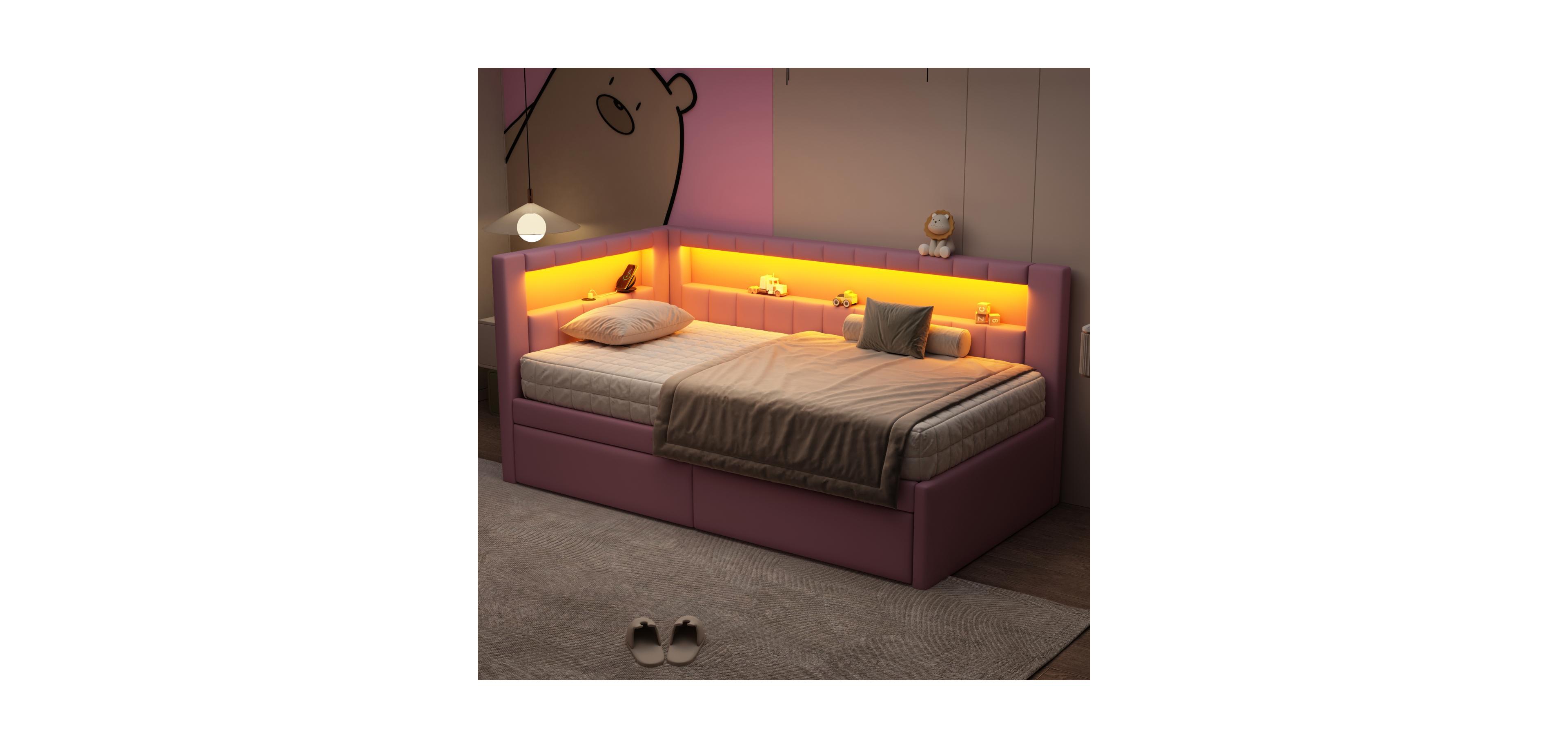 Streamdale Furniture Twin Platform Bed w/ Usb & Led 2 Drawers