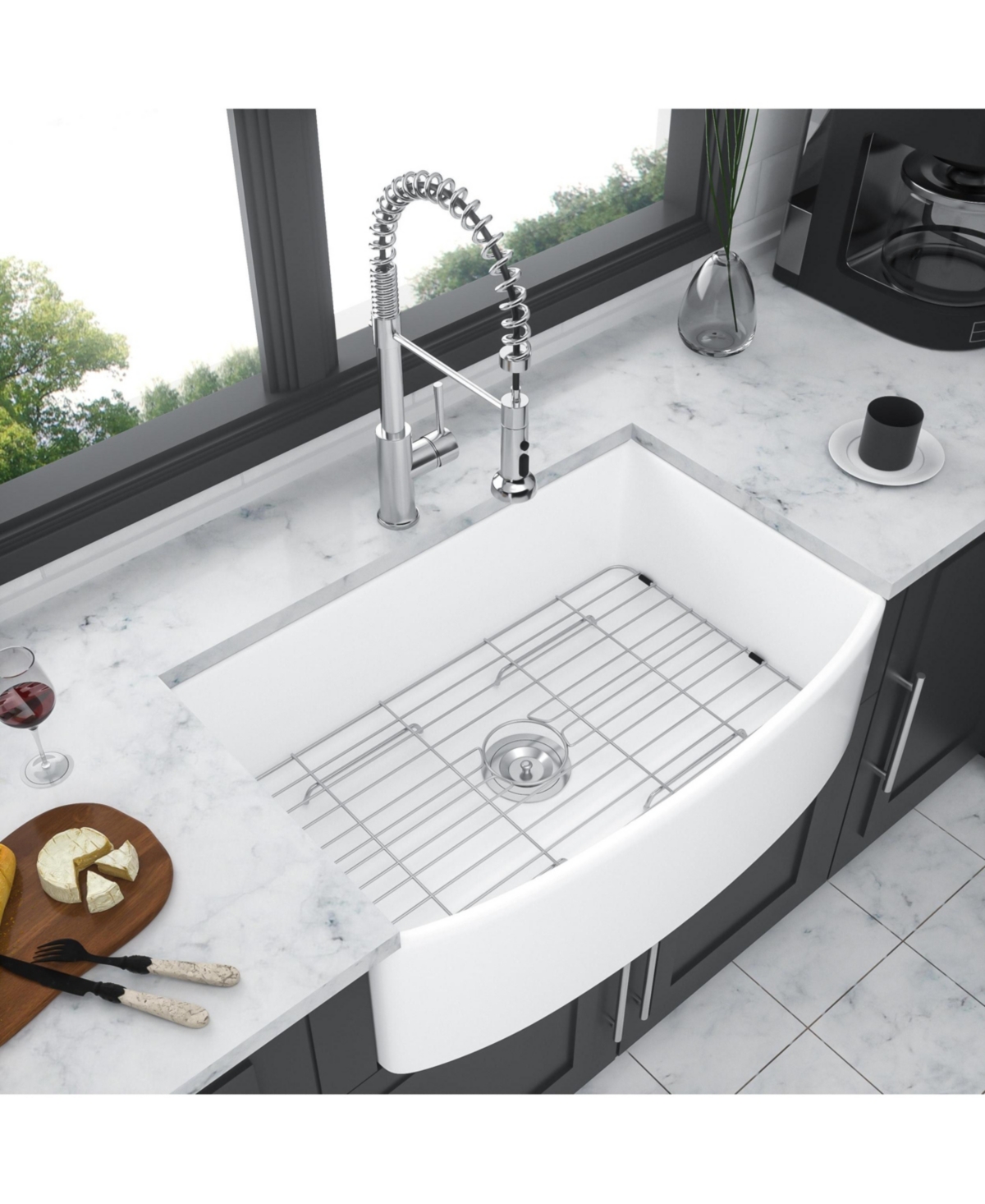 flynama 33x19x10inch White Farmhouse Sink Porcelain Ceramic Arch Edge Apron Front Single Bowl