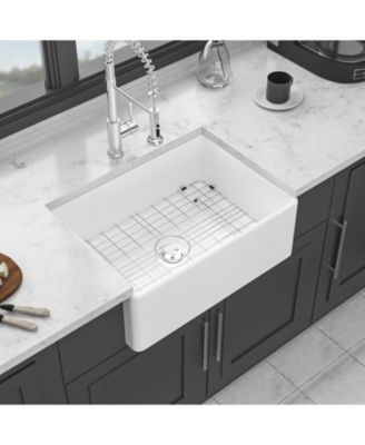28x20x10inch White Ceramic Porcelain Single Bowl Rectangular Farmhouse Kitchen Sink with Stainless Steel Accessories