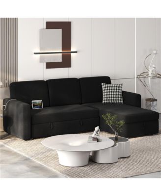 L-Shaped Reversible Sleeper Sectional Sofa with Chaise & USB & Type-C Ports Dark Gray