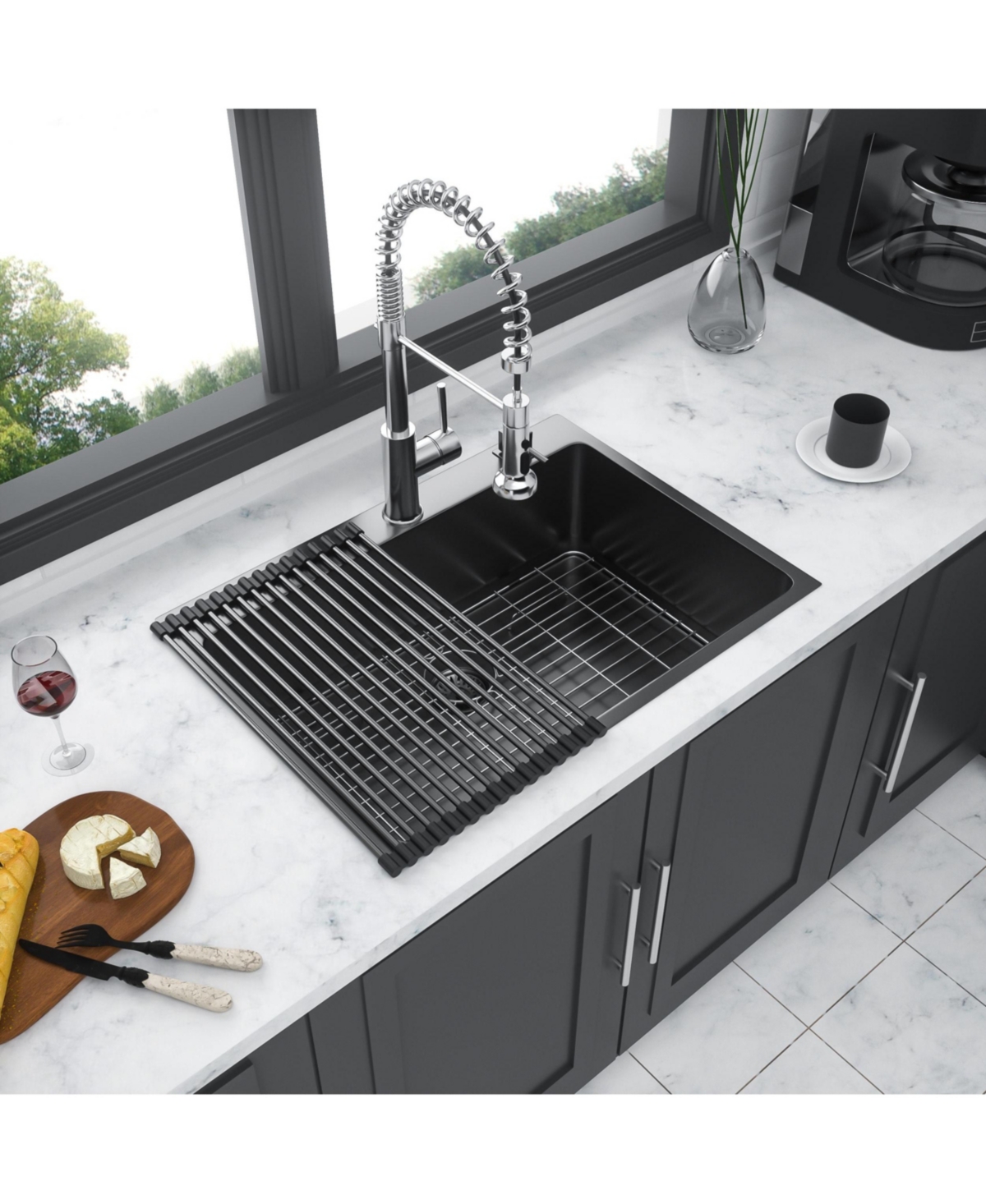 flynama Gunmetal Black Single Bowl Topmount Kitchen Sink 16 Gauge T304 Nano Stainless Steel With Dish Grid Drain Assembly Drying Rack