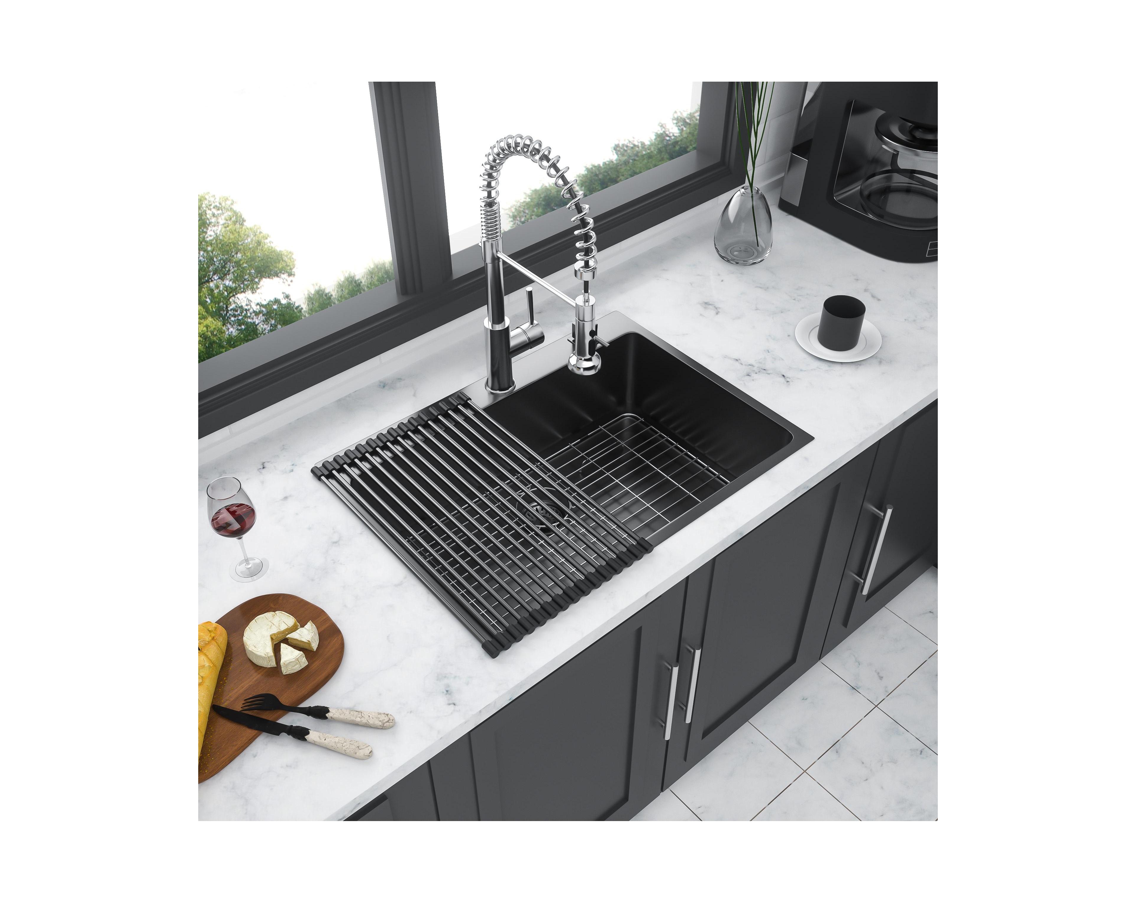 flynama Gunmetal Black Single Bowl Topmount Kitchen Sink 16 Gauge T304 Nano Stainless Steel With Dish Grid Drain Assembly Drying Rack