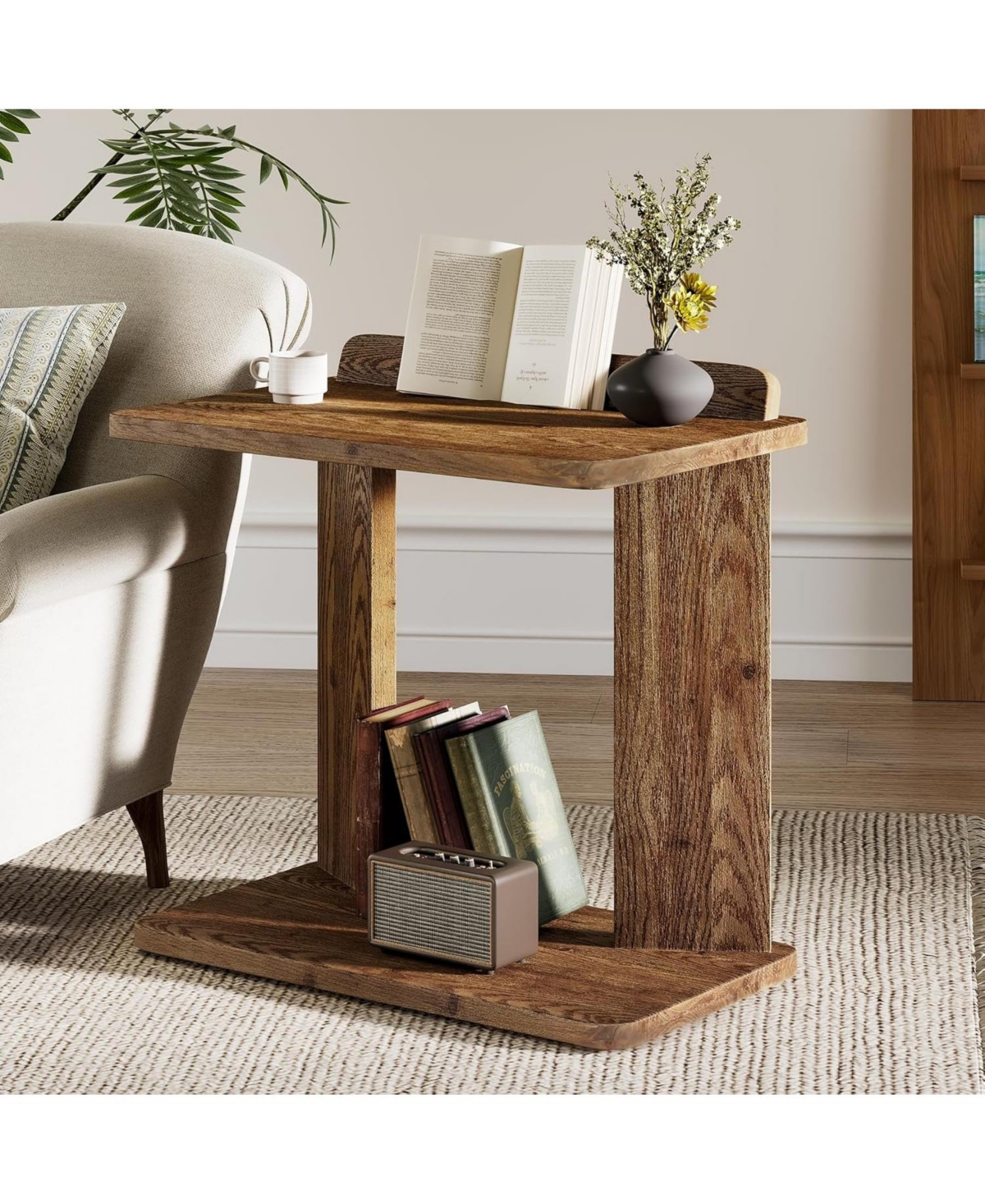 Tribesigns Solid Wood C-Shaped End Table, Farmhouse Wooden Side Table with Book Groove & Holder, 2-Tier Bedside Nightstand
