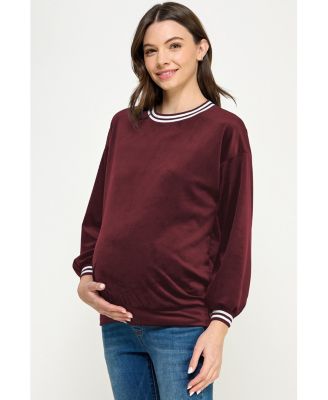 Women's Velvet Striped Neckline Long Sleeve Maternity Sweatshirt Top