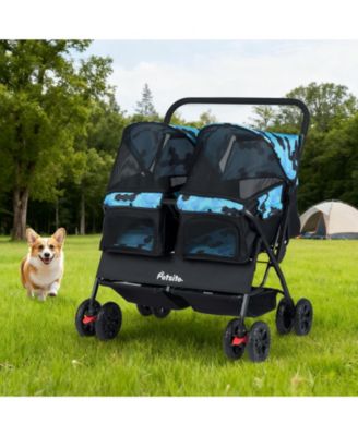 Double Pet Stroller w/ 2-seater Carrier Adjustable Sunshade Removable Pad