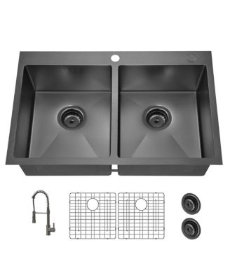 33x22x9inch Gunmetal Black Kitchen Sink Topmount Double Bowl Stainless Steel with Faucet