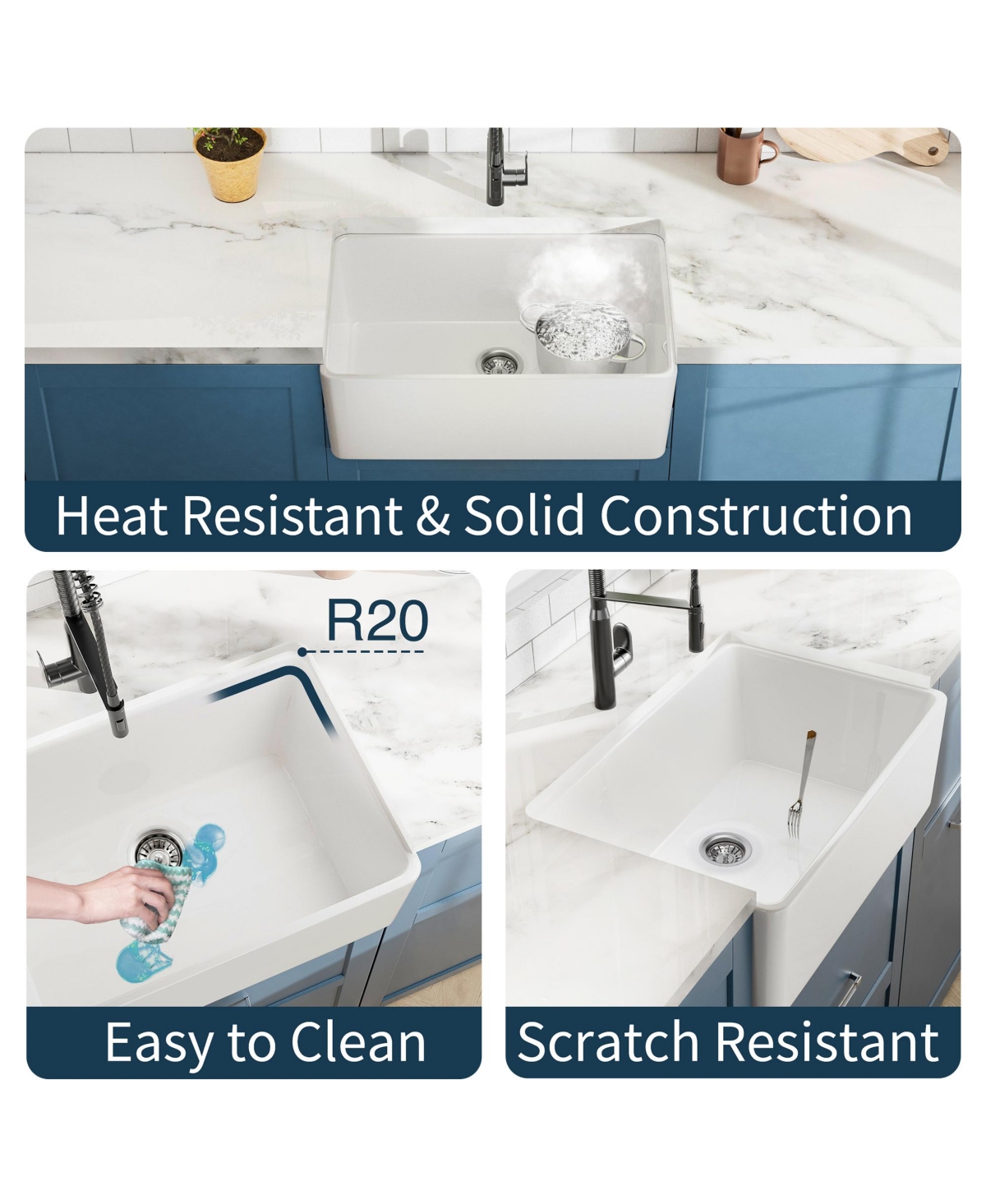 flynama 24x16inch White Fireclay Farmhouse Sink Apron Front Porcelain Ceramic Single Basin