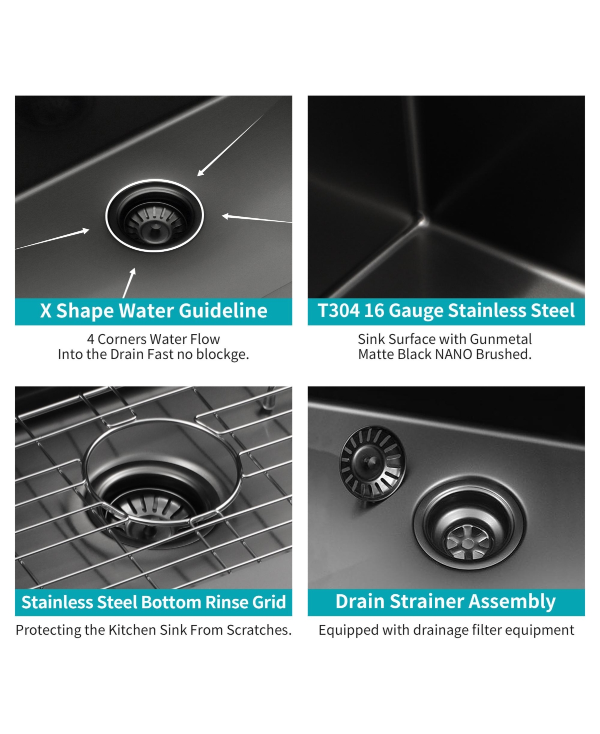 flynama 32x19x10inch Gunmetal Black Undermount Kitchen Sink Single Bowl Stainless Steel 16 Gauge