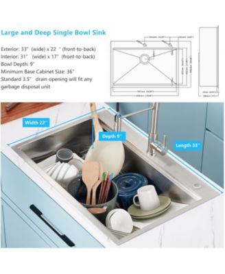 33x22inch Stainless Steel Workstation Sink Drop In Single Bowl 18 Gauge with Accessories