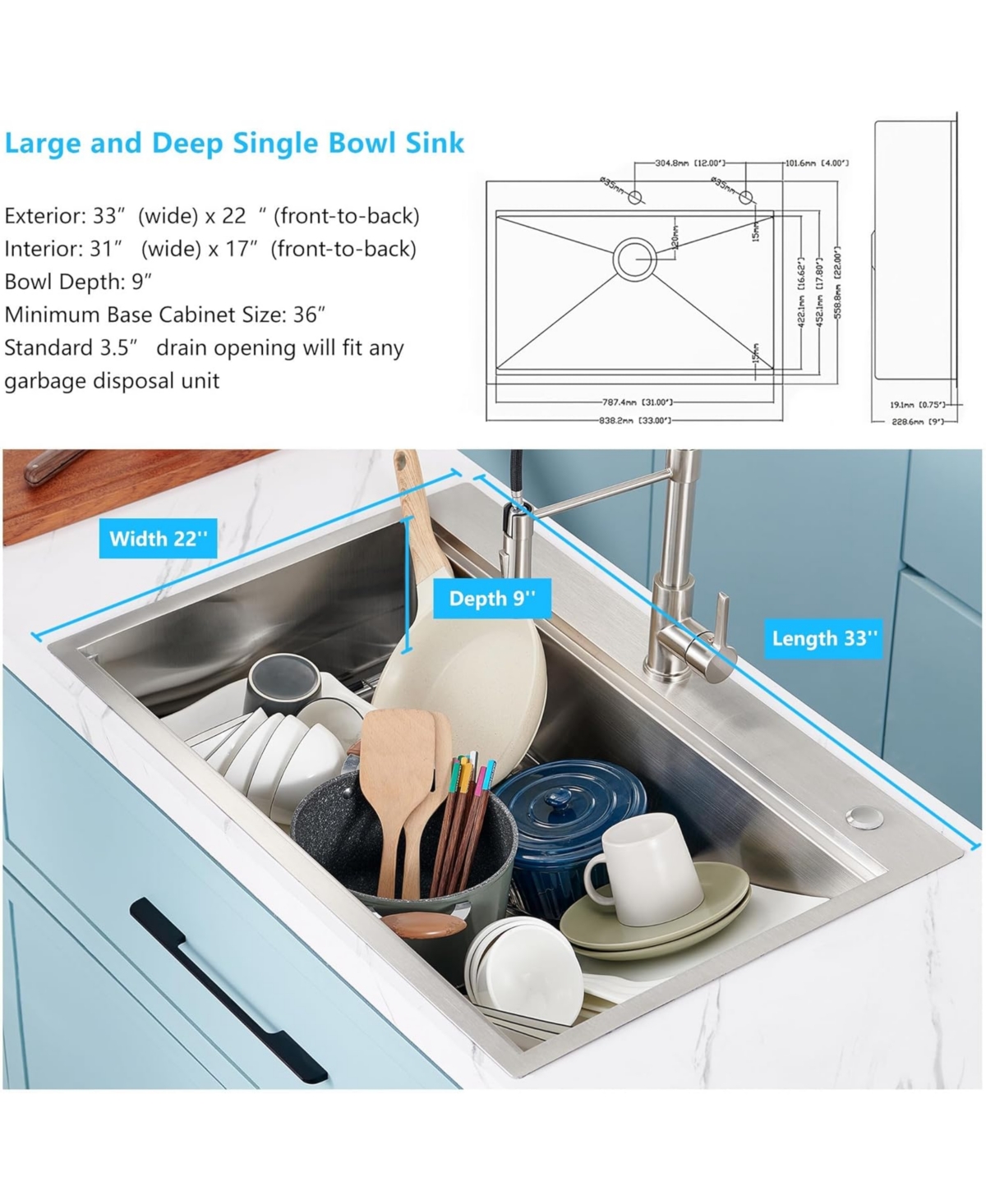 flynama 33x22inch Stainless Steel Workstation Sink Drop In Single Bowl 18 Gauge with Accessories