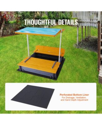 Wooden Sandbox with Canopy, Foldable Bench Seats, and Liner