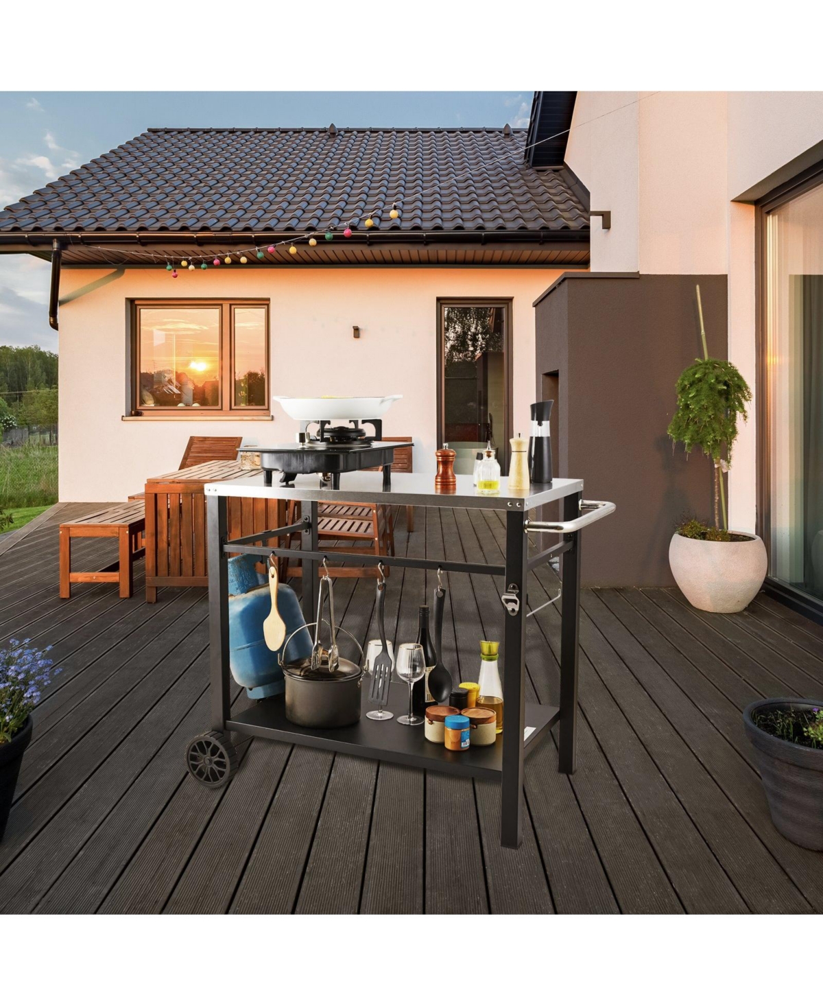 Outdoor Grill Dining Cart, Double Shelf, Stainless Steel Top, 2 Wheels, Carry Handle, Food Prep Table