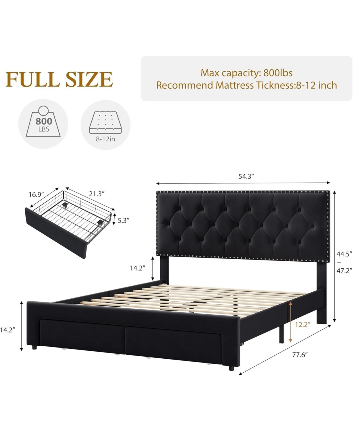 gaomon Full Velvet Bed with 2 Storage Drawers, Wingback Tufted Headboard, Sturdy Slats, Quiet Support, No Box Spring, Black