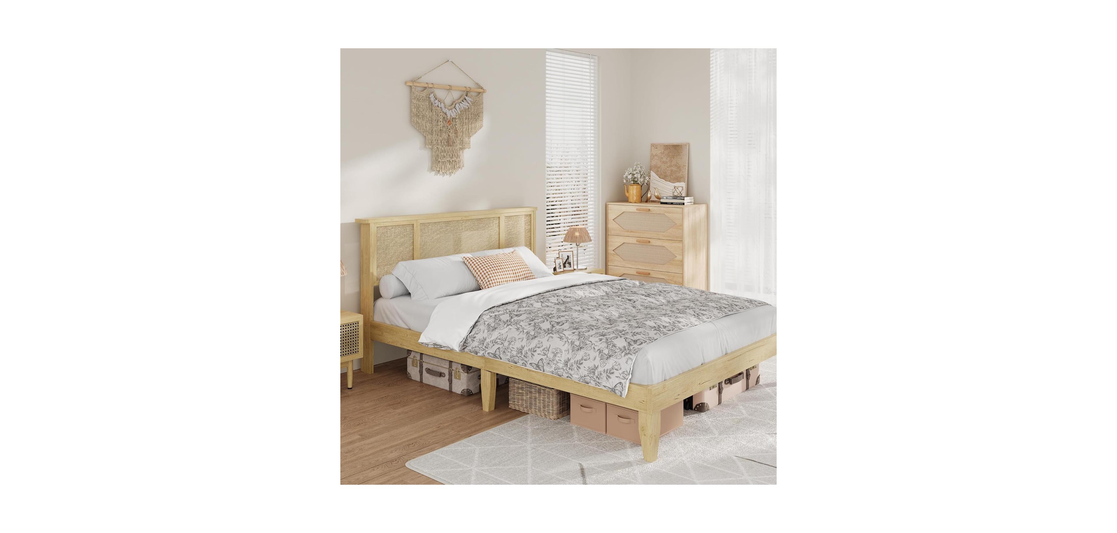 gaomon Full Bohemian Rattan Headboard Bed with Strong Wood Slats, Metal Platform Base, Cane Accent Style, Durable Support, No Box Spring Needed