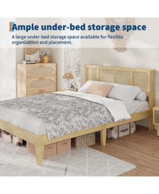 Full Bohemian Rattan Headboard Bed with Strong Wood Slats, Metal Platform Base, Cane Accent Style, Durable Support, No Box Spring Needed