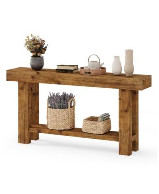 63-Inch Solid Wood Long Console Table, Farmhouse Narrow Entryway Sofa Table with 2-Tier Storage, Rustic Brown