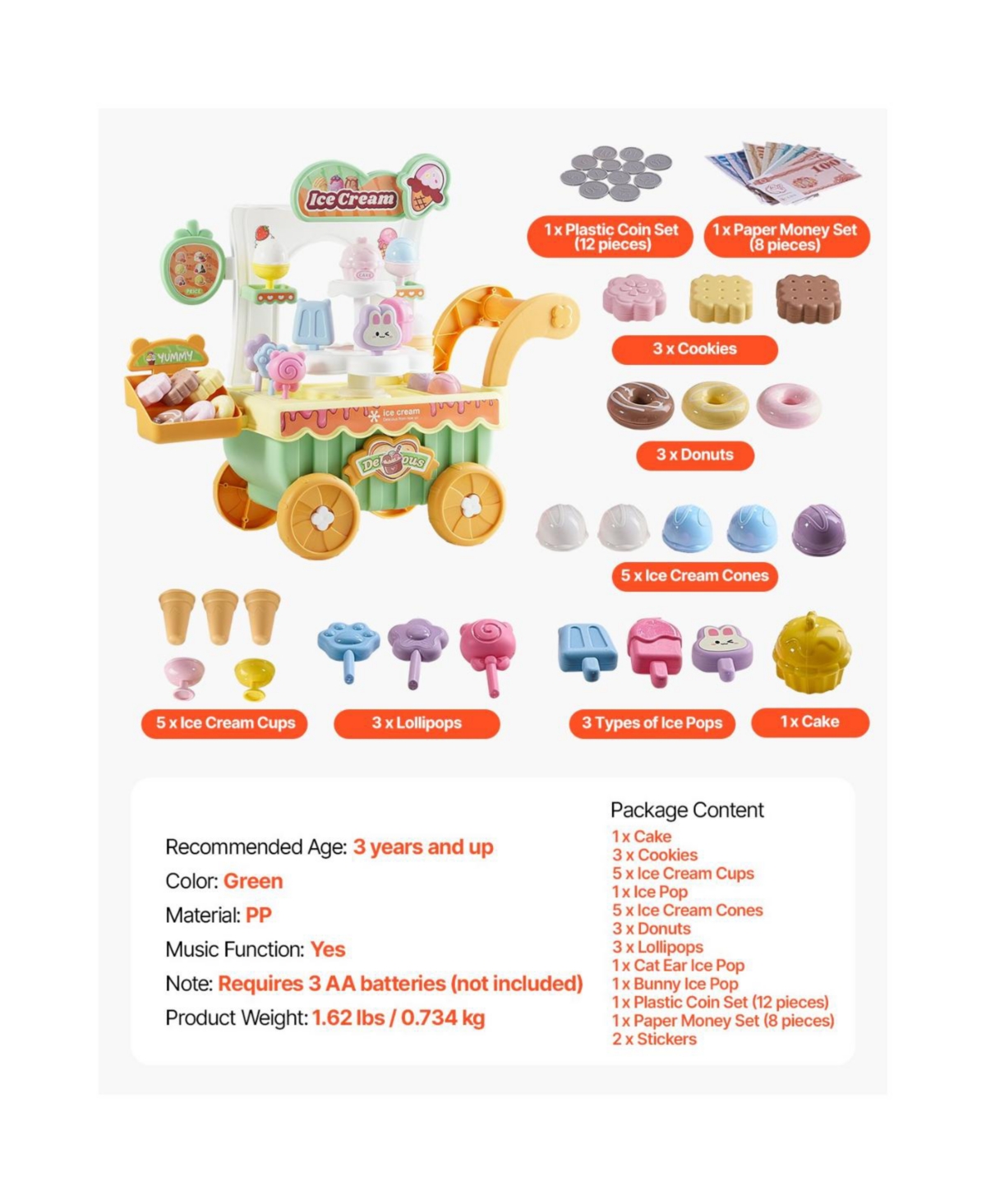 Slickblue Ice Cream Cart for Kids, 27 Pcs Accessories, Pretend Play Store with Storage Trolley with Pretend Money