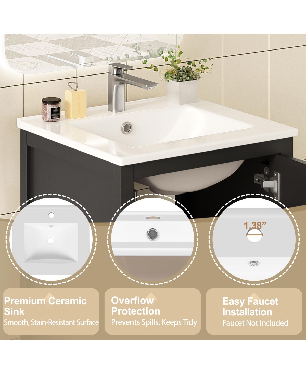 Cesicia 20 in. Modern Bathroom Vanity with Ceramic Sink, Soft-Close Drawer & Door, Double-Layer Door Organizer, Divider Drawer, Adjustable Foot Pads