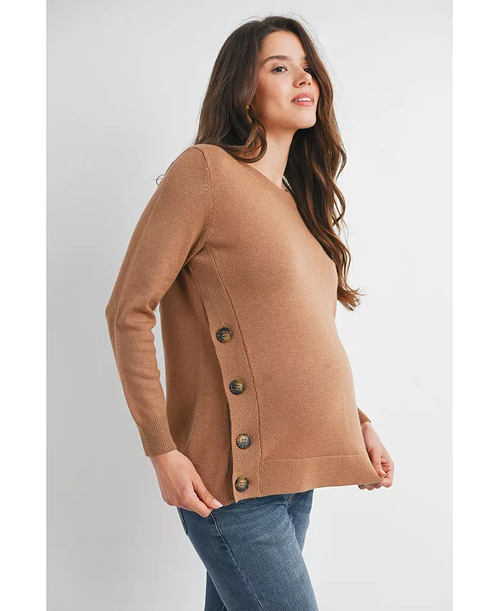 Maternity Crew Neck Side Button Knit Nursing Friendly Sweater - thumbnail 2